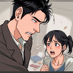 A dramatic illustration of a man and woman having an argument, the man with facial features resembling Kim Taehyung, displaying a look of frustration, while the woman has features resembling Somi, showing her emotions clearly