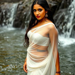 A beautiful Indian model wearing a sheer white chiffon lehenga, completely soaked from the rain, showcasing her stunning curvy hips and a delicate thin golden waist chain elegantly accentuating her midriff