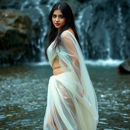 A beautiful Indian model wearing a sheer white chiffon lehenga, completely soaked from the rain, showcasing her stunning curvy hips and a delicate thin golden waist chain elegantly accentuating her midriff