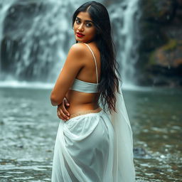 A beautiful Indian model wearing a sheer white chiffon lehenga, completely soaked from the rain, showcasing her stunning curvy hips and a delicate thin golden waist chain elegantly accentuating her midriff