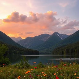 A serene landscape featuring a tranquil lake surrounded by lush green forests and majestic mountains in the background