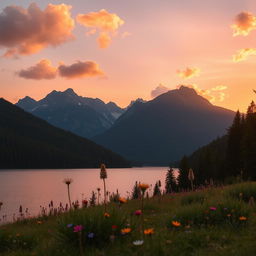 A serene landscape featuring a tranquil lake surrounded by lush green forests and majestic mountains in the background