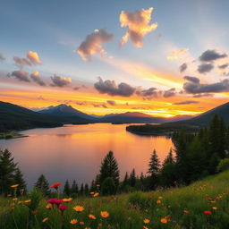 A serene landscape featuring a tranquil lake surrounded by lush green forests and majestic mountains in the background