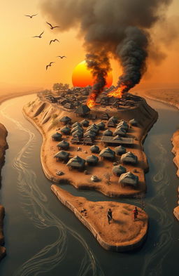 An aerial view of a 3D landscape featuring a flowing river originating from the bottom left corner of the canvas