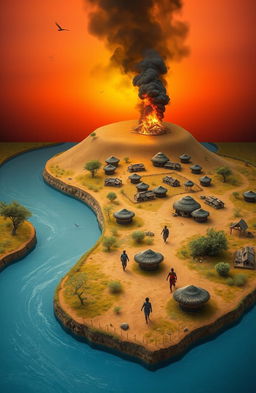 An aerial view of a 3D landscape featuring a flowing river originating from the bottom left corner of the canvas