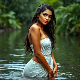 A sexy Indian model standing gracefully while wearing a white chiffon lehenga that is soaking wet from the rain
