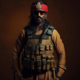 A Hollywood-style kidnapper commander adorned in Indian attire and paired with a bullet-proof vest, forming a unique blend of culture and menace.