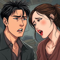 A highly realistic illustration of a man and woman in the midst of an argument, the man with features similar to Kim Taehyung, showcasing a frustrated expression, and the woman with features resembling Somi, displaying visible emotions of distress