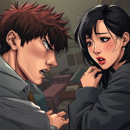A highly realistic illustration of a man and woman in the midst of an argument, the man with features similar to Kim Taehyung, showcasing a frustrated expression, and the woman with features resembling Somi, displaying visible emotions of distress