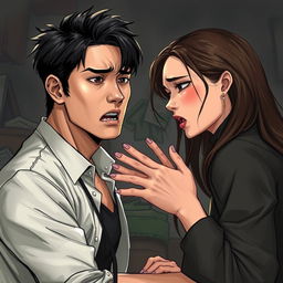 A highly realistic illustration of a man and woman in the midst of an argument, the man with features similar to Kim Taehyung, showcasing a frustrated expression, and the woman with features resembling Somi, displaying visible emotions of distress