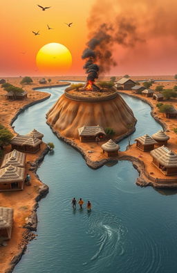 An aerial view of a picturesque landscape featuring a 3D A5-sized river flowing from the bottom left of the canvas