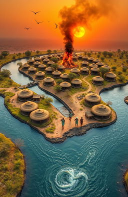 An aerial view of a picturesque landscape featuring a 3D A5-sized river flowing from the bottom left of the canvas