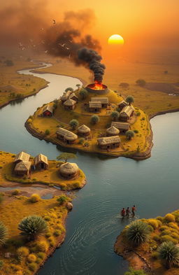 An aerial view of a picturesque landscape featuring a 3D A5-sized river flowing from the bottom left of the canvas
