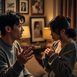 A dramatic scene depicting Taehyung and Jeon Somi in a heated argument, both showing intense emotions
