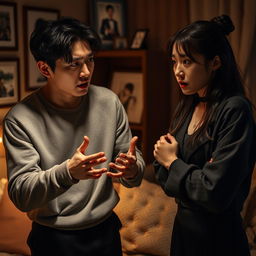 A dramatic scene depicting Taehyung and Jeon Somi in a heated argument, both showing intense emotions