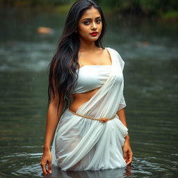 A sexy Indian model wearing a white chiffon lehenga that is soaking wet, complemented by a strapless blouse