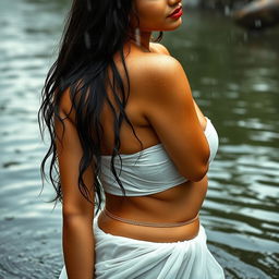 A sexy Indian model wearing a white chiffon lehenga that is soaking wet, complemented by a strapless blouse