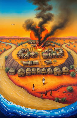 Aerial view of a colorful scene depicting three African villages situated beside a flowing river that starts from the bottom left of the canvas