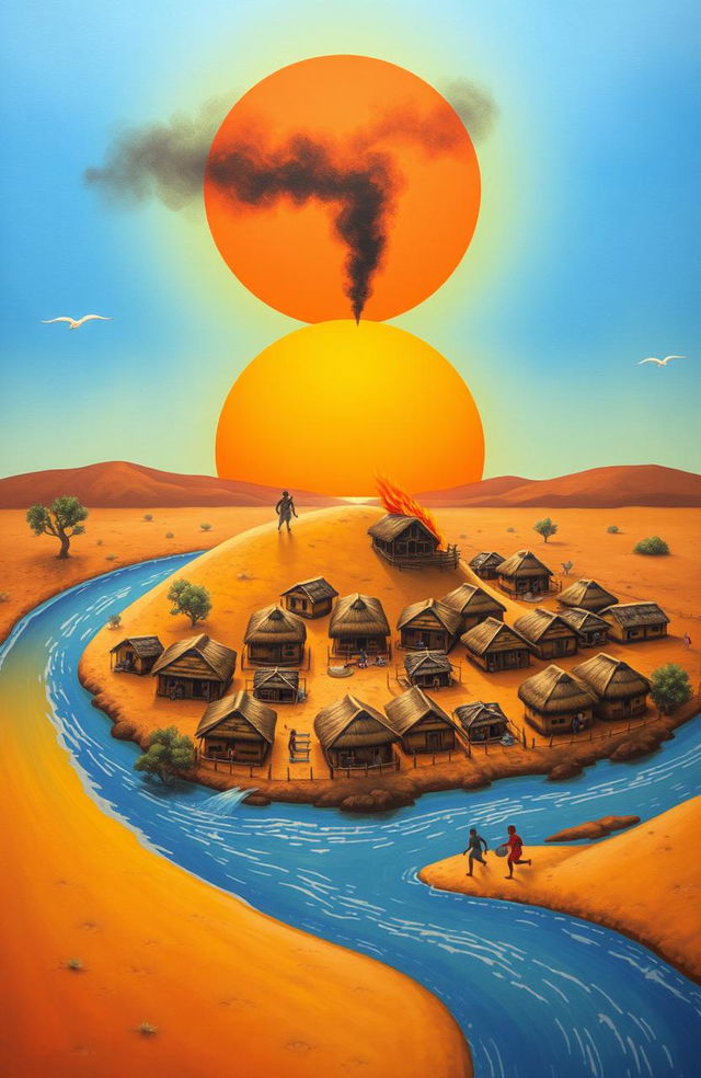 Aerial view of a colorful scene depicting three African villages situated beside a flowing river that starts from the bottom left of the canvas