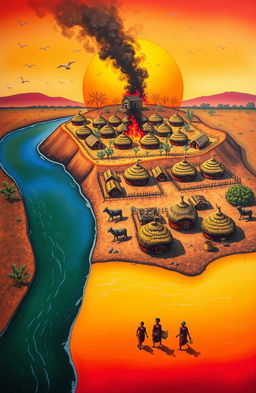 Aerial view of a colorful scene depicting three African villages situated beside a flowing river that starts from the bottom left of the canvas