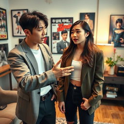 A dynamic scene capturing Kim Taehyung, a famous Korean K-pop idol, and Jeon Somi, a Korean-American K-pop idol, in a passionate argument