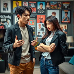 A dynamic scene capturing Kim Taehyung, a famous Korean K-pop idol, and Jeon Somi, a Korean-American K-pop idol, in a passionate argument