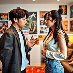 A dynamic scene capturing Kim Taehyung, a famous Korean K-pop idol, and Jeon Somi, a Korean-American K-pop idol, in a passionate argument