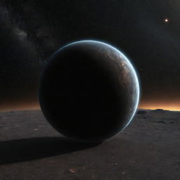 An intricate depiction of the exoplanet TrES-2b, renowned for its dark, reflective surface, set against the vast wilderness of outer space with a sprinkle of distant stars.