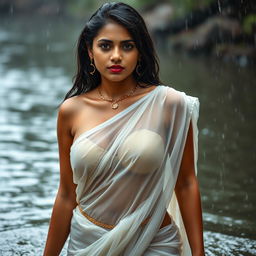 A sexy Indian model in a low hip transparent white chiffon saree, soaked and drenched in the rain, wearing a strapless blouse