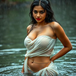 A sexy Indian model in a low hip transparent white chiffon saree, soaked and drenched in the rain, wearing a strapless blouse