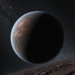 An intricate depiction of the exoplanet TrES-2b, renowned for its dark, reflective surface, set against the vast wilderness of outer space with a sprinkle of distant stars.