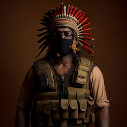 A Hollywood-style kidnapper commander adorned in Indian attire and paired with a bullet-proof vest, forming a unique blend of culture and menace.