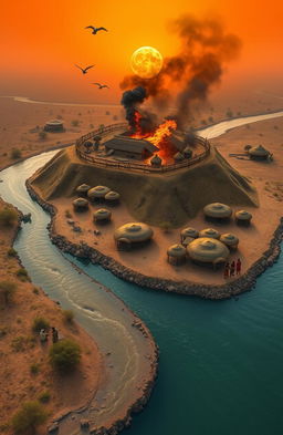 An aerial view of a vivid landscape featuring a 3D A5 size river flowing from the bottom left of the canvas