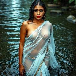 A beautifully sexy Indian model wearing an ultra low waist transparent white chiffon saree, drenched in the rain, revealing her stunning hips and ample wet cleavage
