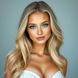 A beautiful young woman with large breasts, long and wavy shiny blonde hair cascading down her back