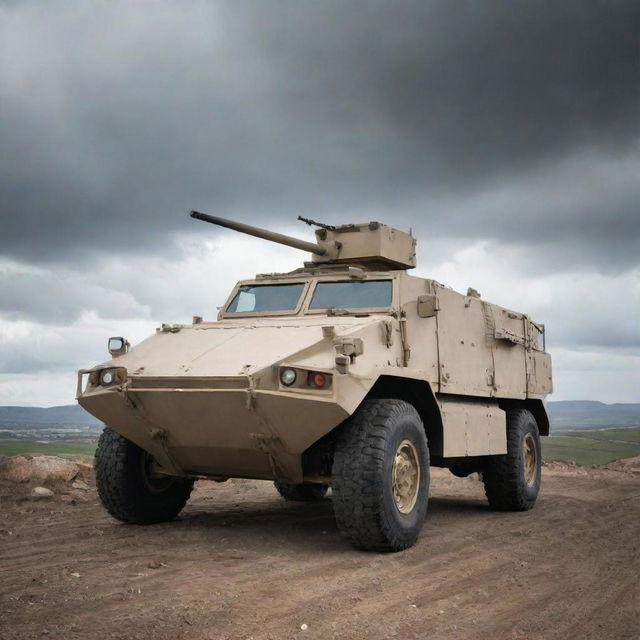 A heavily armored military vehicle equipped with advanced anti-tank weaponry, standing on a rugged terrain under a cloudy sky.