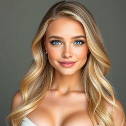 A beautiful young woman with large breasts, long and wavy shiny blonde hair cascading down her back