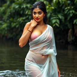 A stunning Indian model gracefully draped in a low waist transparent white chiffon saree, drenched in rain, showcasing her beautiful curves with a focus on her hips and voluptuous silhouette