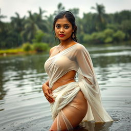 A stunning Indian model gracefully draped in a low waist transparent white chiffon saree, drenched in rain, showcasing her beautiful curves with a focus on her hips and voluptuous silhouette