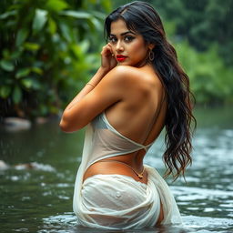 A stunning Indian model gracefully draped in a low waist transparent white chiffon saree, drenched in rain, showcasing her beautiful curves with a focus on her hips and voluptuous silhouette