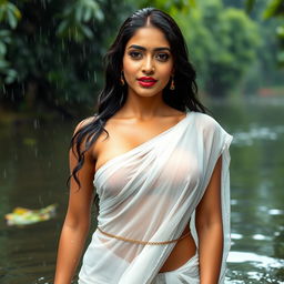 A stunning Indian model gracefully draped in a low waist transparent white chiffon saree, drenched in rain, showcasing her beautiful curves with a focus on her hips and voluptuous silhouette