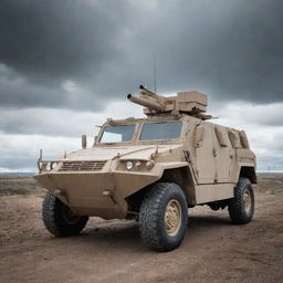 A heavily armored military vehicle equipped with advanced anti-tank weaponry, standing on a rugged terrain under a cloudy sky.