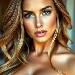 A beautiful woman with large breasts, long and wavy shiny blonde hair cascading down her back