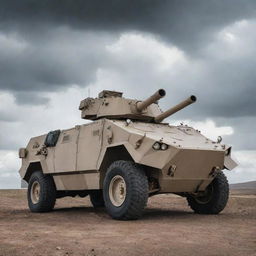 A heavily armored military vehicle equipped with advanced anti-tank weaponry, standing on a rugged terrain under a cloudy sky.