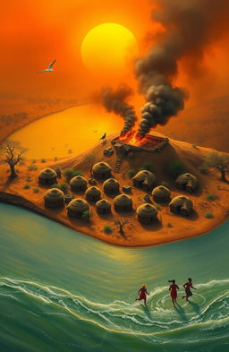 An aerial view of a vibrant landscape showcasing a flowing river at the bottom left of the canvas