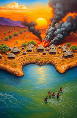 An aerial view of a vibrant landscape showcasing a flowing river at the bottom left of the canvas