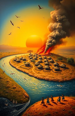 An aerial view of a vibrant landscape showcasing a flowing river at the bottom left of the canvas