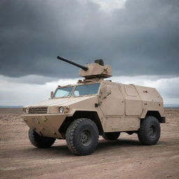 A heavily armored military vehicle equipped with advanced anti-tank weaponry, standing on a rugged terrain under a cloudy sky.