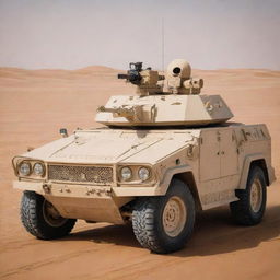 An armored Arabian military vehicle, adorned with traditional design elements, equipped with potent anti-tank weaponry, stationed in a sandy desert background.