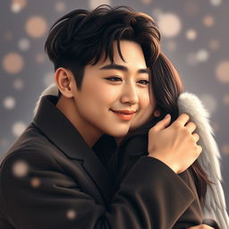 A tender scene depicting Taehyung, showcasing his heart-shaped face with a wide forehead tapering down to a defined chin